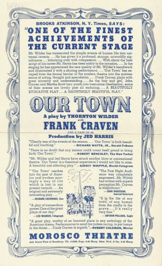Thornton Wilder " Our Town " Frank Craven / Pulitzer Prize 1938 Broadway Flyer