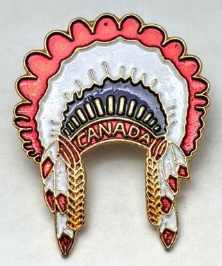 Vtg Native American Headdress Canada Lapel Pin Feathered Metal,  Enamel Pinback