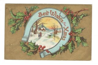 Best Wishes For Christmas Horseshoe Antique Vintage Postcard Eb2
