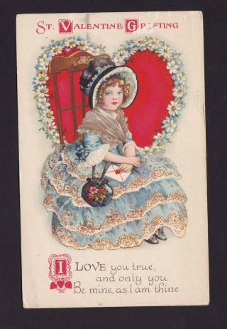 Old Vintage Postcard Of St Valentine Greeting With Girl And Heart