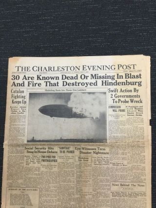 2 Items.  Hindenburg Crash - 1937 Charleston And John Dillinger Ohio Newspaper