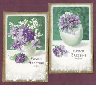 Vintage Easter Greetings Embossed Postcards,  Purple Flowers,  Lily Of The Valley