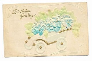 Vintage Greetings Postcard Birthday Heavy Embossed Flower Cart Aqua Gold