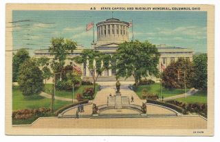 Vintage Ohio Linen Postcard Columbus State Capitol And Mckinley Memorial