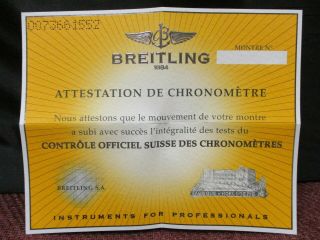 Breitling Attestation De Chronometre Chronometer Certificate W/ Watch Removed