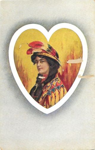 Vintage Native Americana Linen Postcard Indian Maiden Headdress Heart Frame