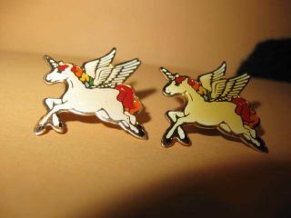 1980 2 Enamel Metal Winged Unicorns Hat Tac Pin Lapel Unicorn Wings Tack Rainbow
