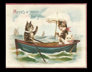 R69 - Anthropomorphic Cat Family In A Boat - Victorian Embossed Card Front