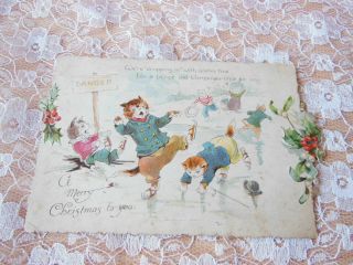 Victorian Christmas Card/anthropomorphic Cats Skating On Dangerous Ice/nister