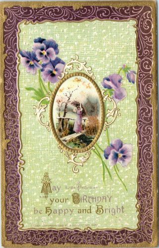 Happy Birthday,  Purple Flowers,  Arts And Crafts,  Vintage - Postcard (b19)