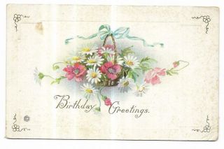 Vintage Greetings Postcard Birthday Basket Of Daisies Poppies Blue Ribbon
