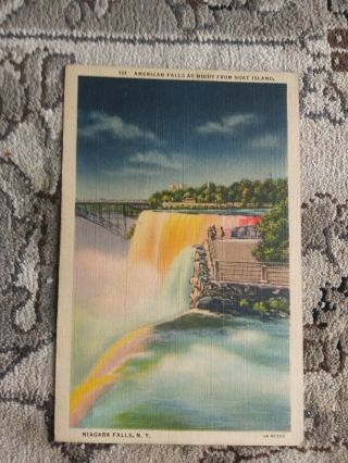 Niagara Falls Vintage Linen Postcard American Falls At Night From Goat Island