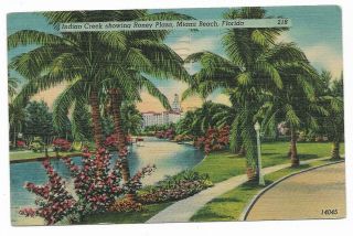 Vintage Florida Linen Postcard Miami Beach Indian Creek Showing Roney Plaza