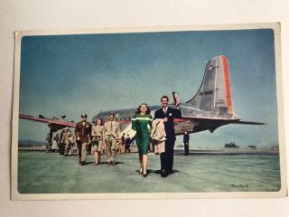 Vintage Postcard American Airlines Plane With Flight Crew