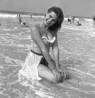 1950s Negative - Sexy Pinup Girl In Swimsuit At The Beach - Cheesecake T273562