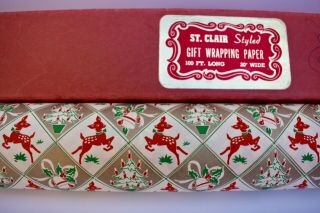 1950s Christmas St Clair Commercial Gift Wrapping Paper Deer Partial 100’ Roll