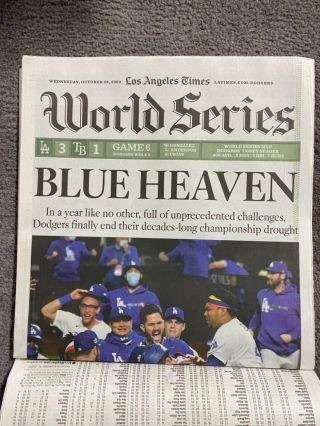 Los Angeles Dodgers World Series Champions La Times Newspaper 10/28/2020