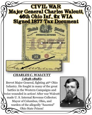 Civil War Major General Walcutt 46th Ohio Inf. ,  2x Wia Signed 1877 Tax Document