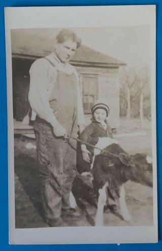 Vintage Rppc Postcard,  Man In Overalls,  Little Girl And Pet Calf