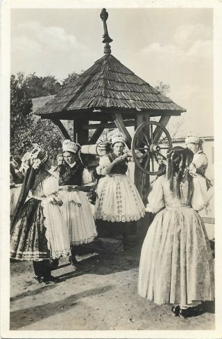 Vintage Hungary Rppc Postcard Women Of Kasar And Orhalom At The Well Costumes