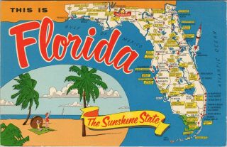 Vintage Chrome Postcard,  The Map Of The State Of Florida,  Sights And Views