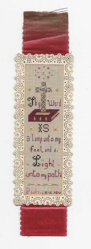 Y53.  Victorian Religious Bible Bookmark.  Embroidered Pierced Card On Silk Ribbon