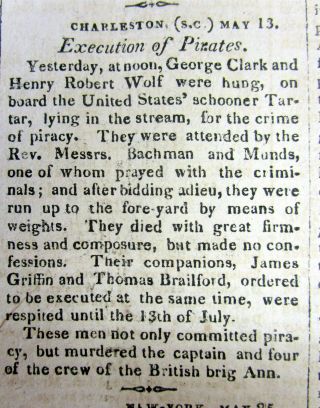 1820 Newspaper 2 Pirates Executed By Hanging At Charleston South Carolina