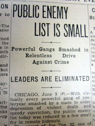 1935 Newspaper W Earliest Fbi Public Enemy List Dillinger Capone Bonnie & Clyde