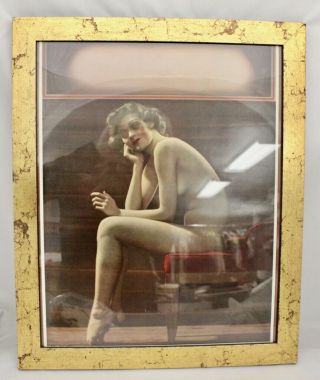 Vtg 1947 Art Deco Pin - Up Poster Nude Beauty Pertly Posed C.  Moss Litho Framed