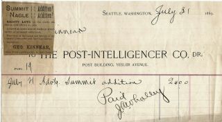 1889 Seattle Washington Land Real Estate Receipt George Kinnear Madison Street
