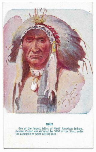 Vintage Native Americana Chrome Postcard Sioux Indian Warrior Chief Headdress