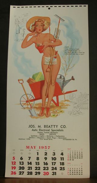Vintage Bill Randall Calendar Page May 1957 Cindy Sexy Blond Gardener Lil Apron