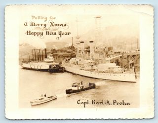 Early Warship / Battleship & Steamer Christmas Card Photo - Captain Karl A Prehn