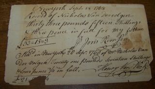 1760 Antique York Colonial Document Receipt Billhead Van Der Volgan