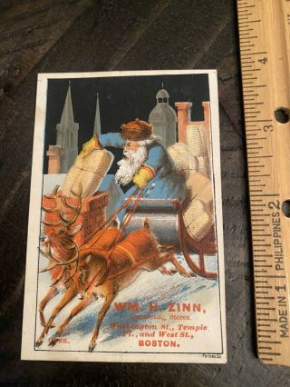 Rare Antique Victorian Santa Claus Christmas Trade Card Blue Coat Boston