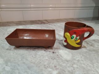 Woody Woodpecker Mug And Cereal Bowl 1965 Plastic Faux Wood Grain Kellogg’s