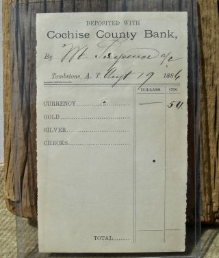 Ca 1886 Tombstone Az Arizona " Cochise Co Bank " Gold Silver Deposit Slip Earp Etc