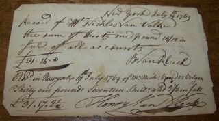 1769 Antique York Colonial Document Receipt Billhead Nicholas Van Volker
