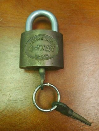 Vintage Brass Padlock Cleveland 4 - Way Lock With 2 Matching Key