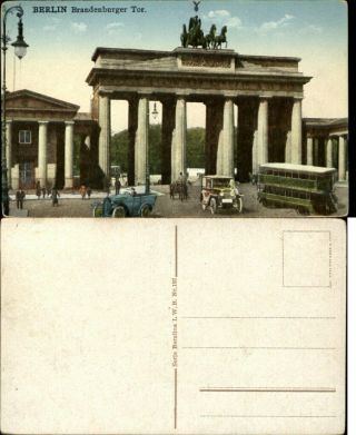 Berlin Germany Brandenburger Tor.  Antique Car Bus Vintage Postcard