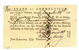 Connecticut Pay Table Office Note.  1781 Ralph Pomeroy