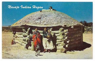 Vintage Native Americana Chrome Postcard Navajo Indians And Their Hogan
