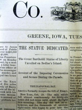1886 Newspaper With Headlines & Long Report The Statue Of Liberty Is Dedicated