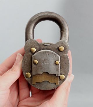 19thc Antique Rampant Lion,  Iron & Brass Padlock Lock Key