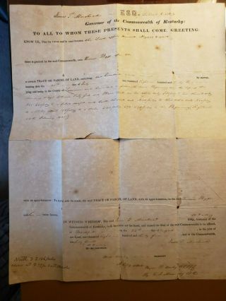1835 Kentucky Land Grant Signed By Governor James T.  Morehead And William Owsley