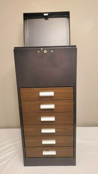 Vtg Industrial/office Storage Cabinet W/6 Drawers Faux Wood Grain Drawers
