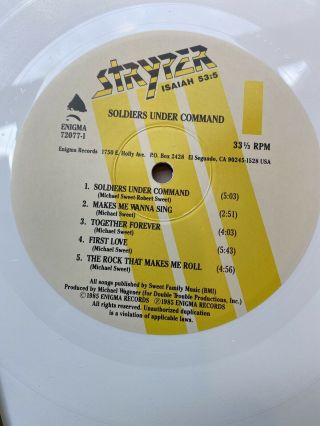 STRYPER: Soldiers Under Command ENIGMA WHITE VINYL LP NEAR 3