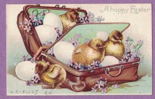Easter Vtg Pc Baby Chicks Eggs Flowers Packed In A Leather Suitcase 1907