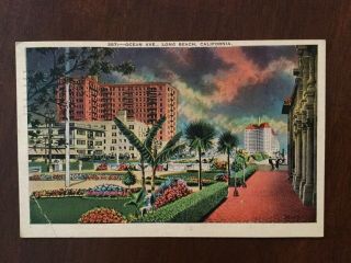 Ocean Avenue Street Scene,  Long Beach,  Ca Vintage Postcard - 1938 Postmark