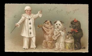 V26 - Child As Clown And Dog Band - Victorian Folding Embossed Xmas Card